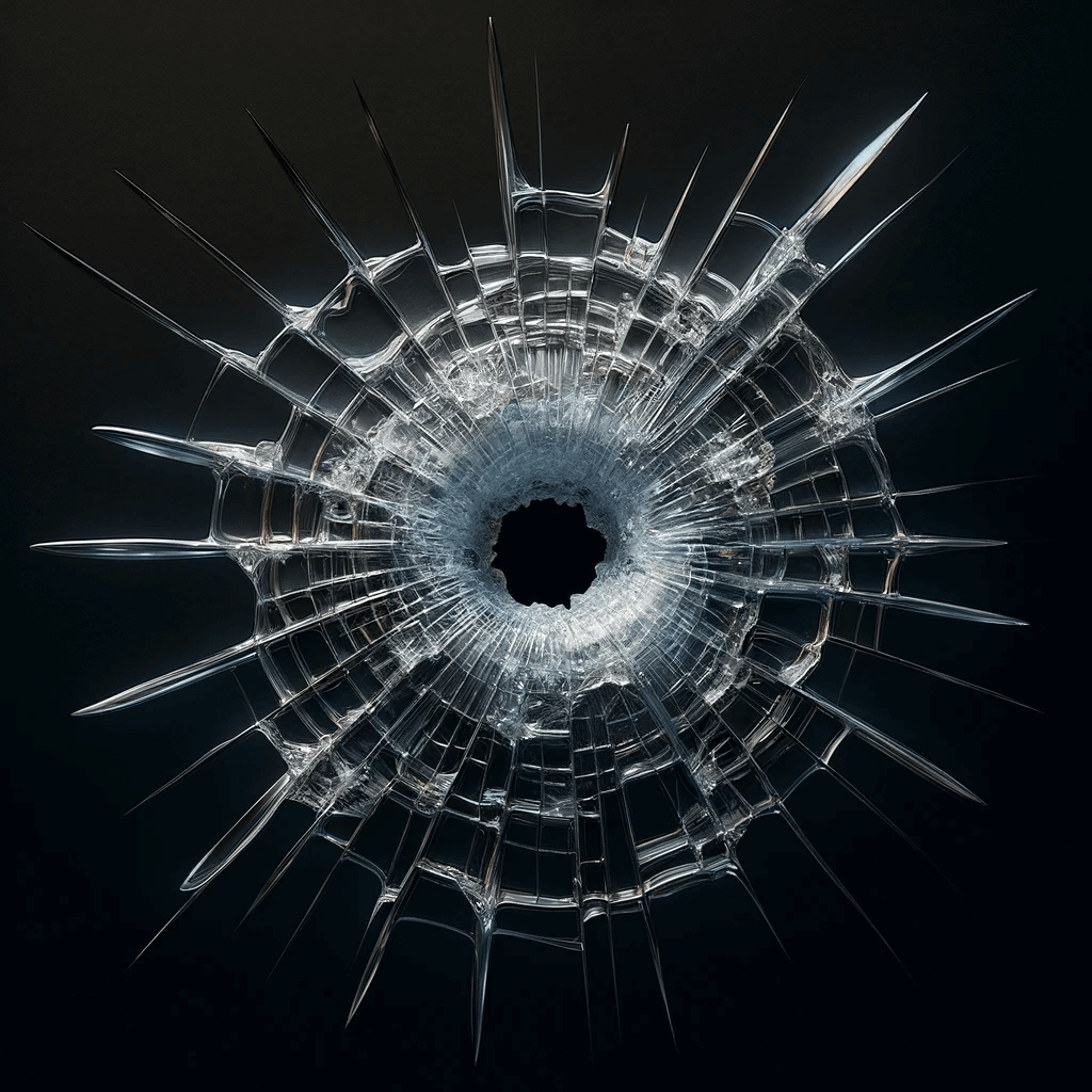 Bullet hole in window of building with cityscape in background, shattered glass adds to the dramatic effect.
