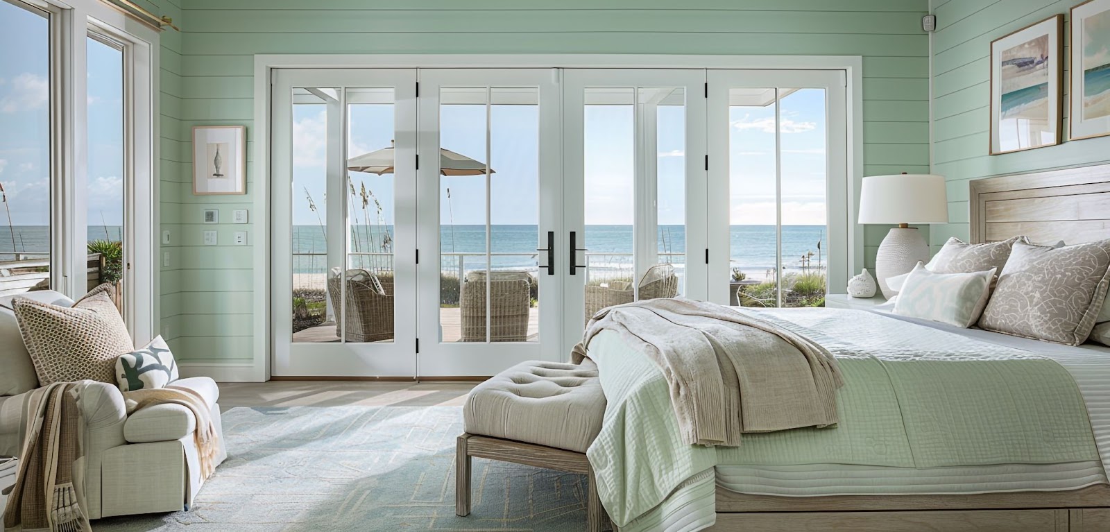 A bedroom with a bed, chair, and ocean view through French Doors.