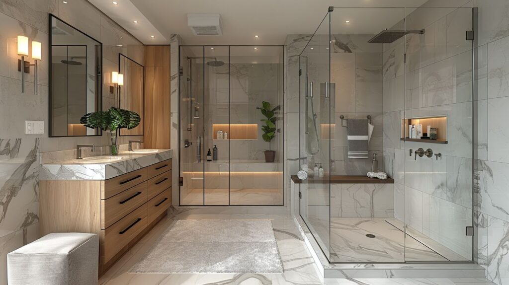 A modern bathroom with marble flooring and a glass shower featuring glass shower doors and shower curtains.