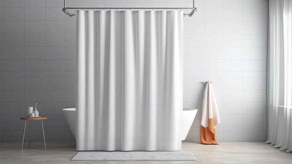 A white shower curtain in a bathroom with a white tub.