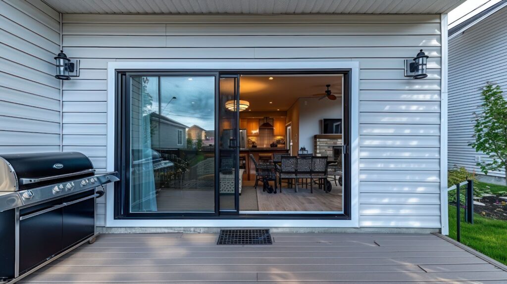 Grill on a patio with French doors, sliding glass door, and window.