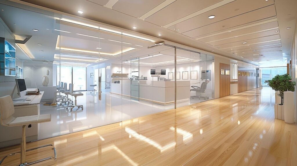 A long hallway with a glass wall and wooden floors