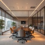 A modern conference room with glass walls and chairs