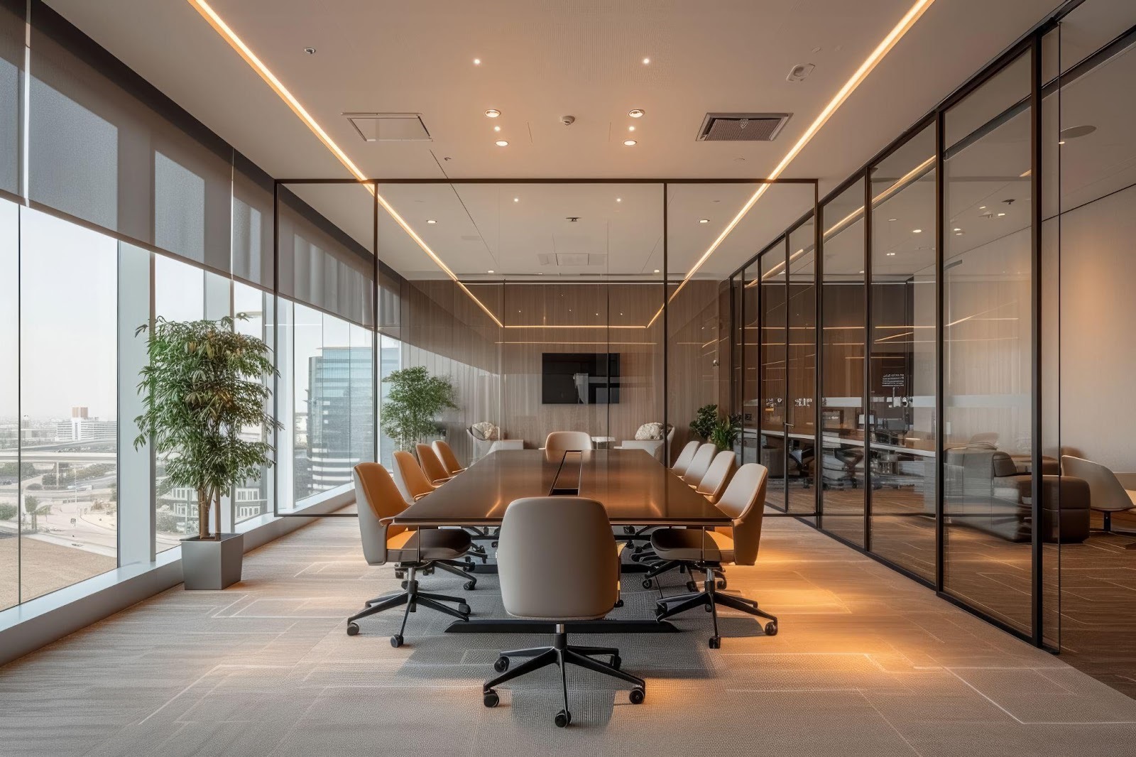 A modern conference room with glass walls and chairs