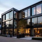 Modern building with glass facade, black accents, and expansive windows.