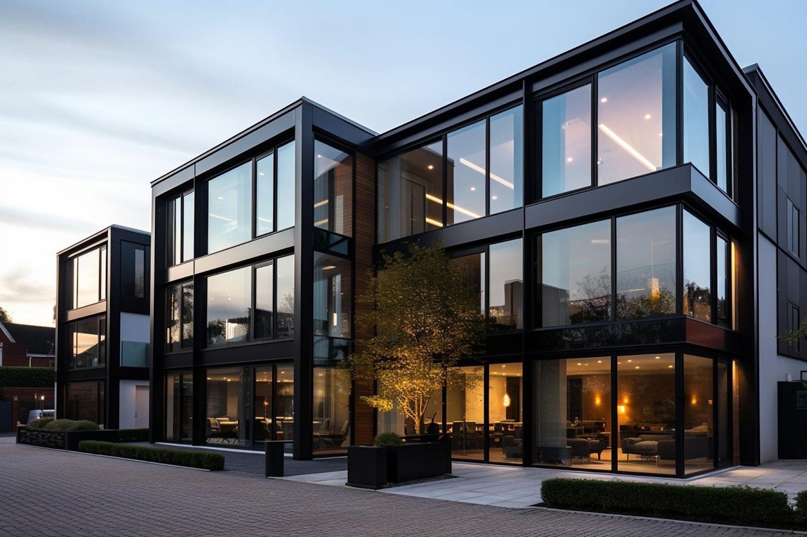 Modern building with glass facade, black accents, and expansive windows.