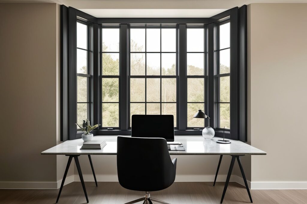 A home office featuring a desk and chair, illuminated by natural light through double and single pane windows.