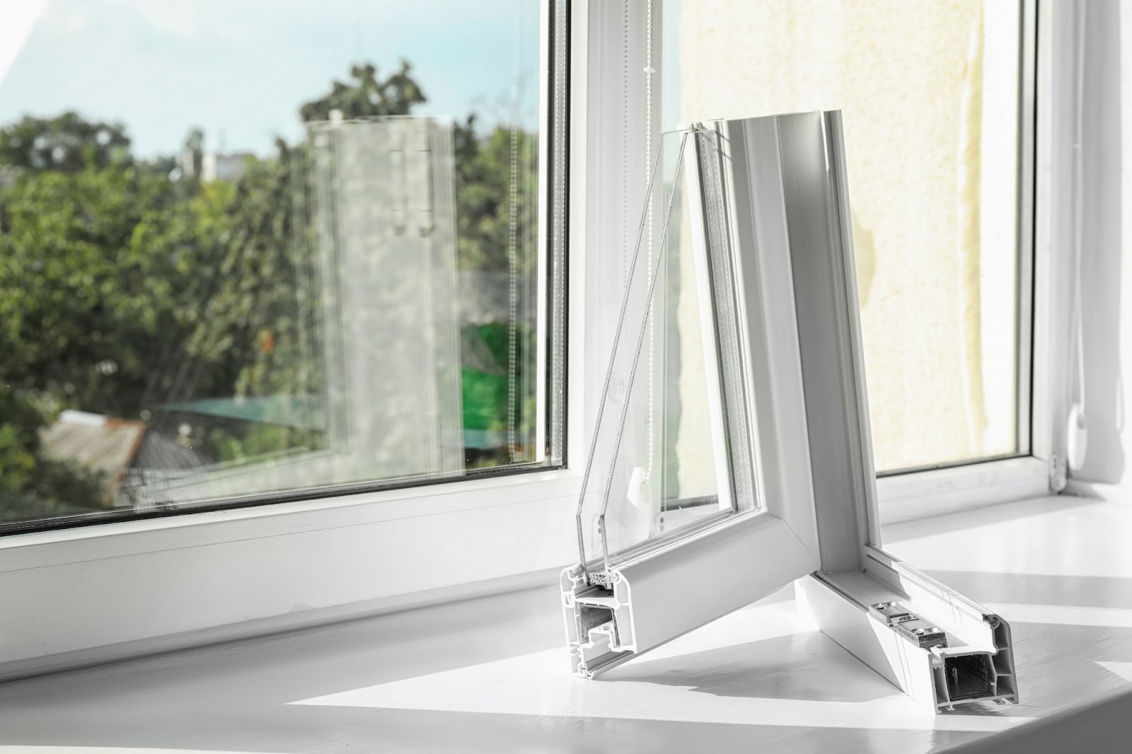 A window frame featuring double and single pane windows, complete with a protective window screen.