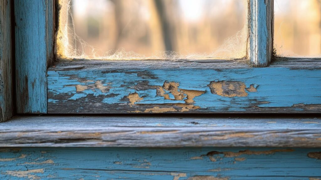 A blue window with peeling paint and wood, highlighting potential issues for new homeowners considering window repairs.