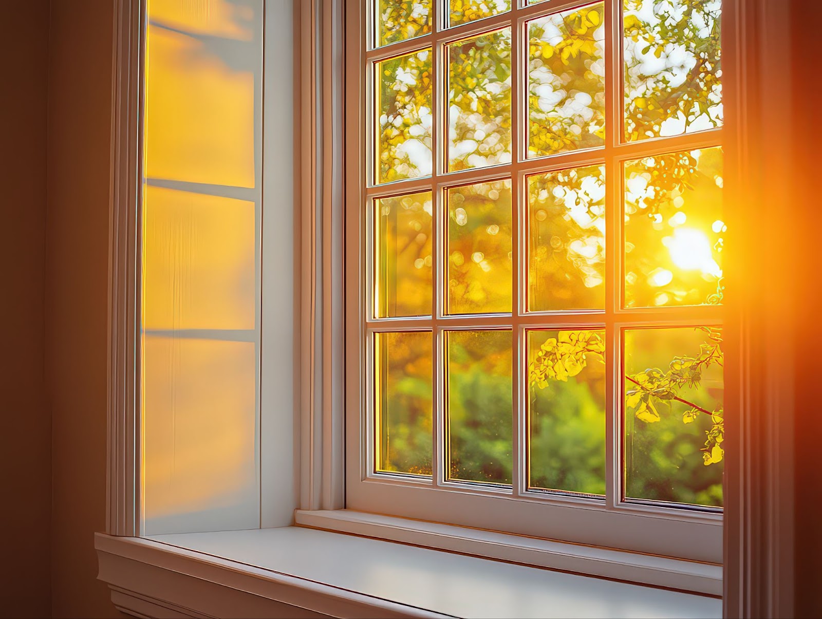 A sunlit window showcasing energy-efficient design, emphasizing energy savings and natural light in a home environment.