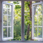 A window showcasing a serene view of trees, highlighting potential issues with window damage in a new home.