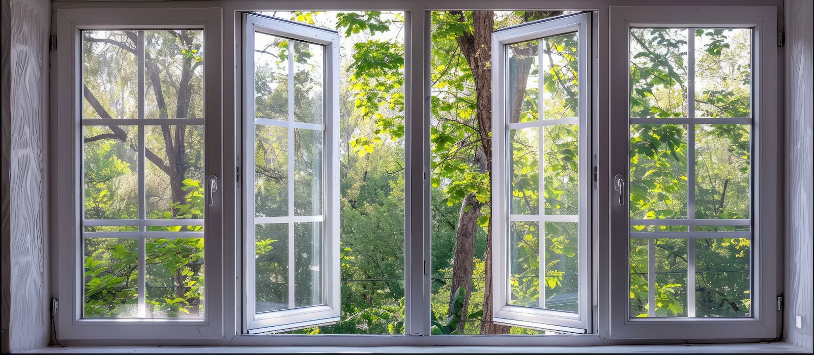 A window showcasing a serene view of trees, highlighting potential issues with window damage in a new home.