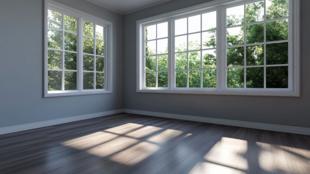 An empty room featuring hardwood floors and windows, highlighting potential issues with window damage in a new home.