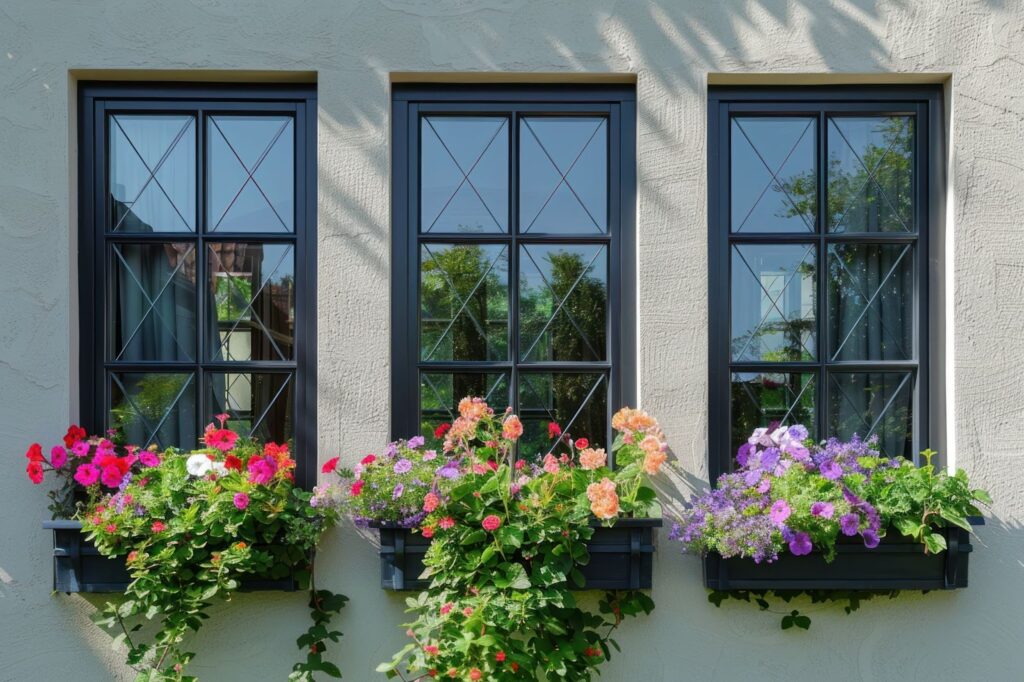 Three black window boxes filled with vibrant flowers, showcasing energy-efficient windows that promote energy savings.